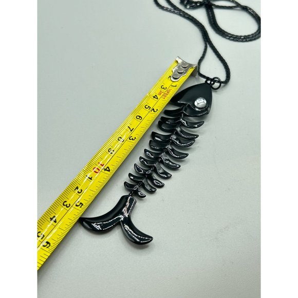 Punk Fun Fish Bone Necklace Black Enamel with Blue Eye Reversible Clear Eye - Picture 6 of 6